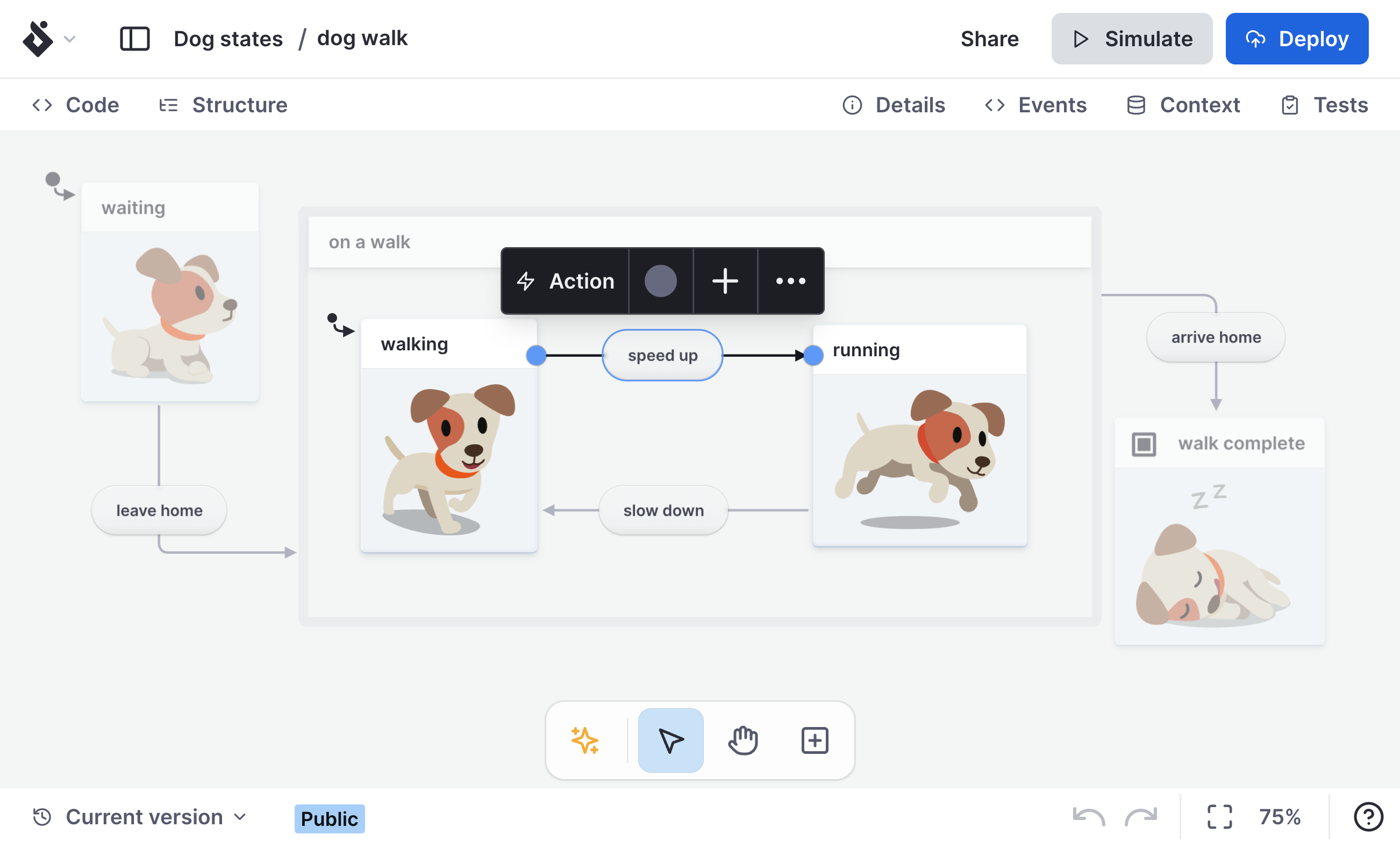 A dog walk machine open in Stately Studio’s editor. The dog walk machine has cute puppy images for each state, showing a dog walking and running. The speed up event is selected, and information and options for that transition is shown in an inspector panel on the right.